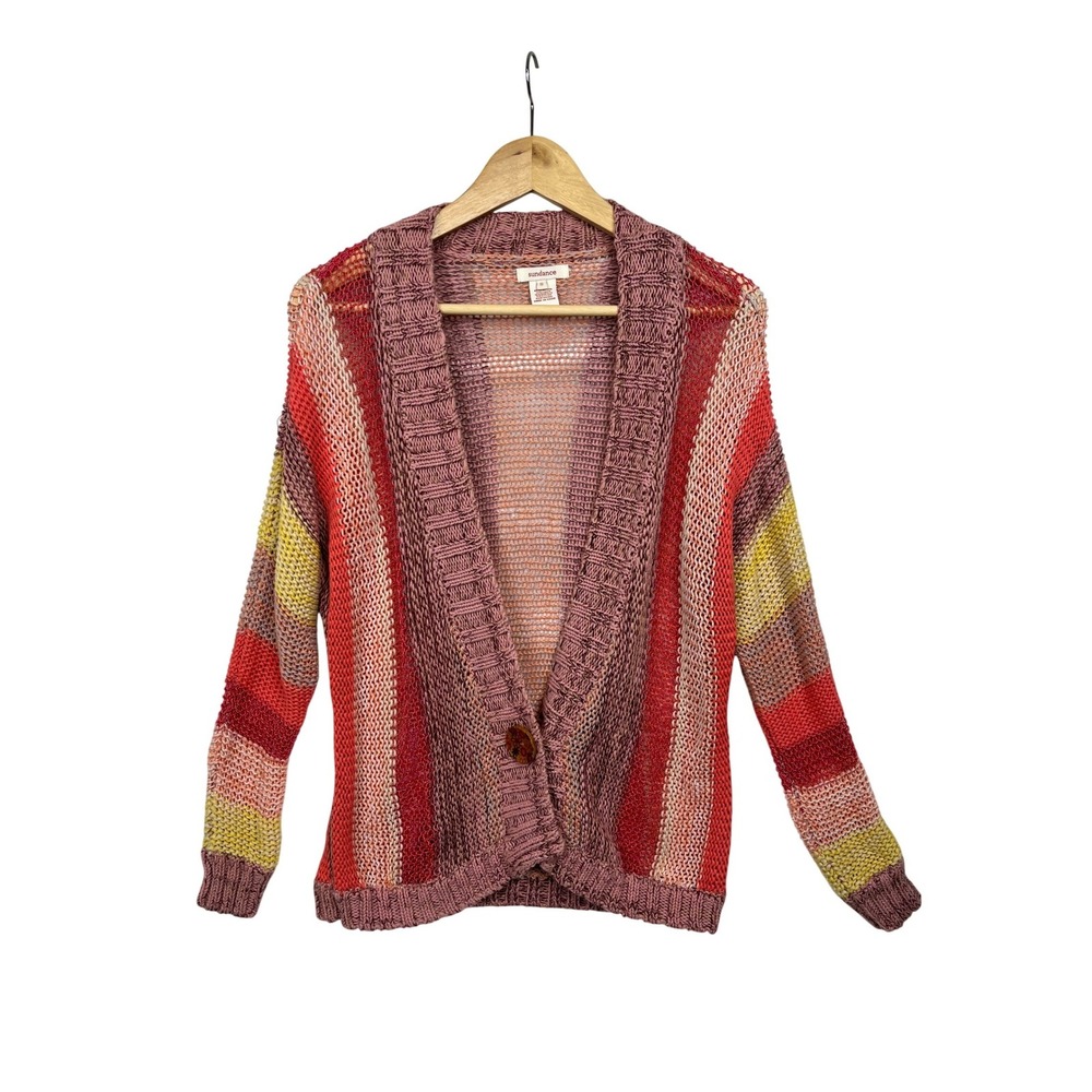 Sundance Warren Striped Open Knit Cardigan‎ S Pink Orange Linen Blend Boho Chic